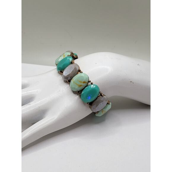 Vintage faceted oval glass stretch bracelet turquoise, gray marbled beads - Picture 5 of 6